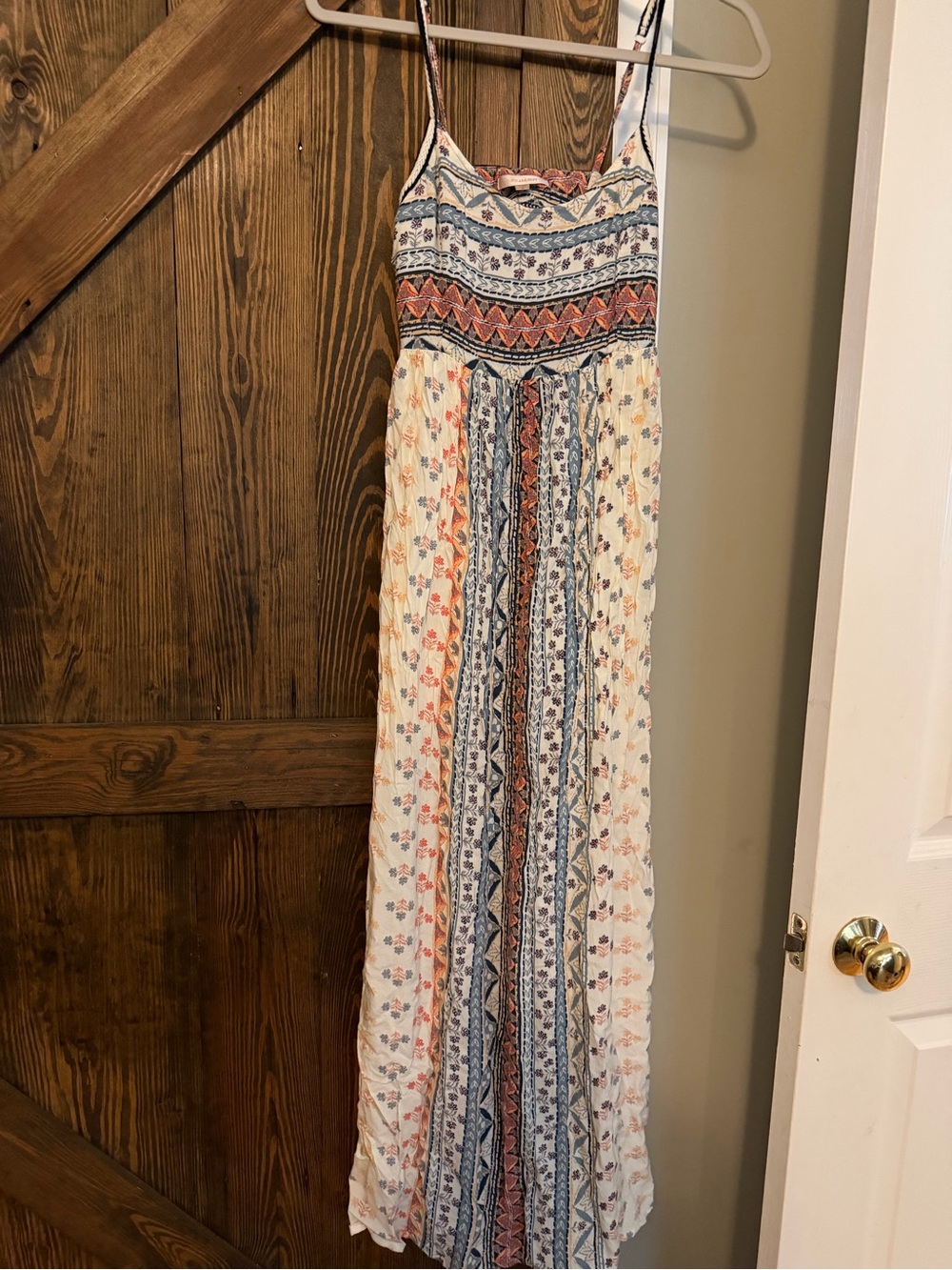Skies Are Blue Ivory Maxi Skirt with Blue & Rust Prints